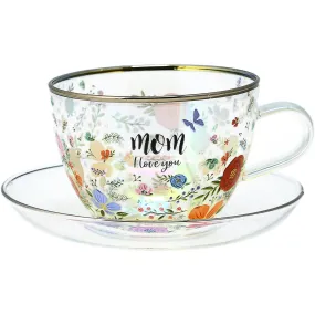 Mom 7 oz Glass Teacup and Saucer