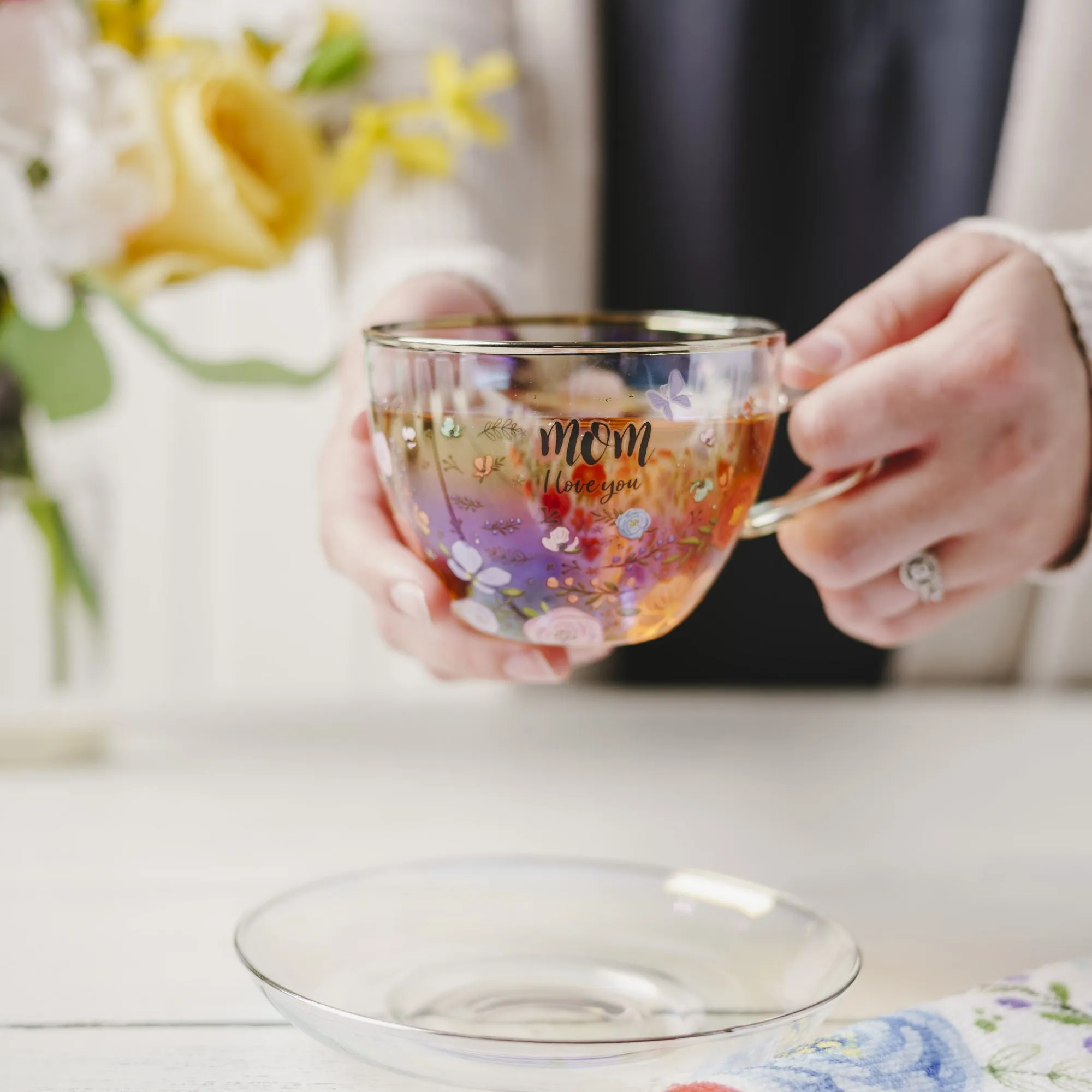 Mom 7 oz Glass Teacup and Saucer