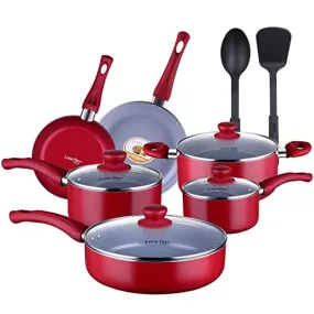 Non-Stick Ceramic Kitchen Cookware Set Pots and Pan-12 Piece Red