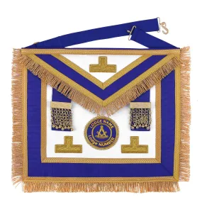 Past Master Blue Lodge Apron - Blue Ribbon With Hand Embroidery Bullion And Chain Tassels