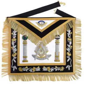 Past Master Blue Lodge California Regulation Apron - Black & Gold Hand Embroidery Bullion With Pillars