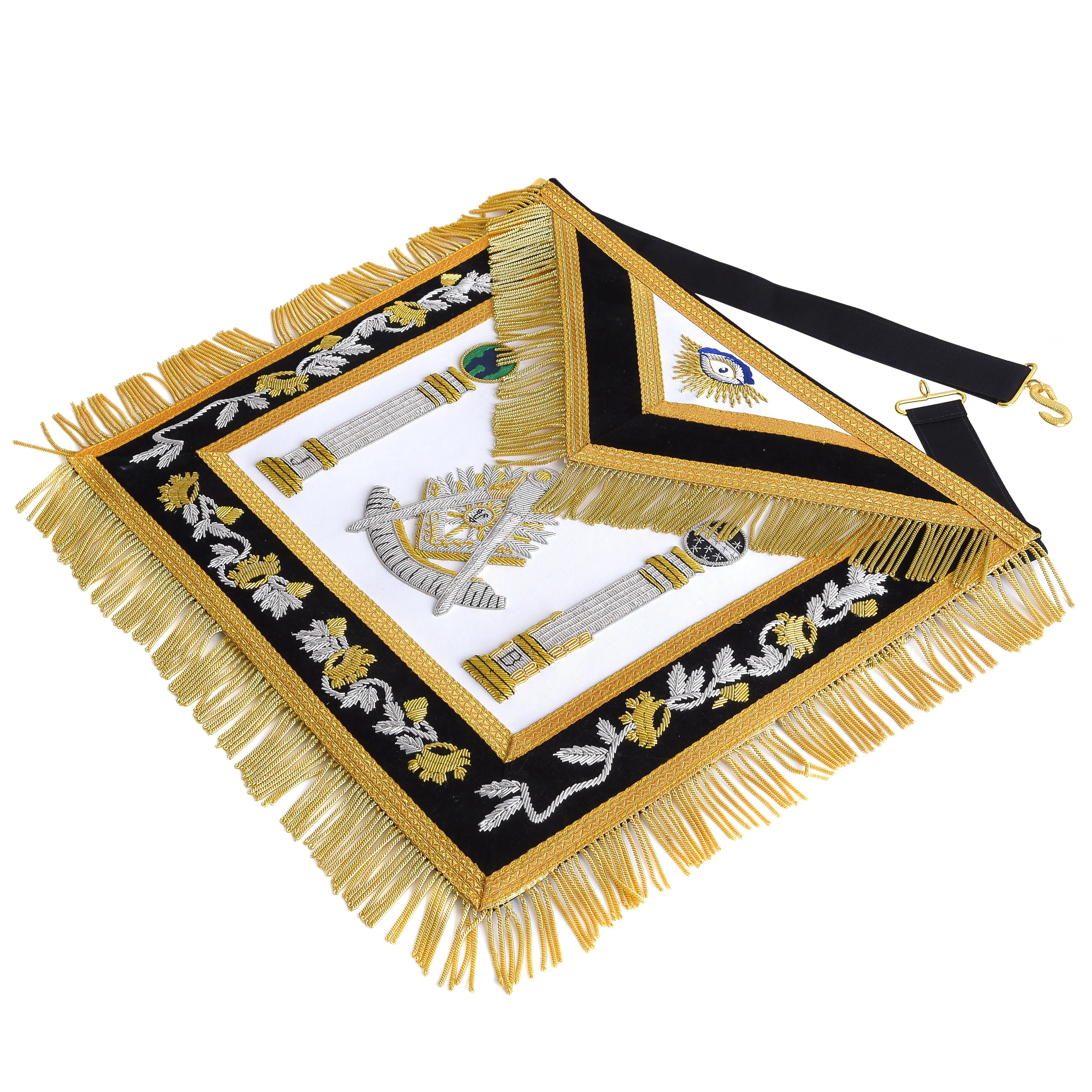 Past Master Blue Lodge California Regulation Apron - Black & Gold Hand Embroidery Bullion With Pillars