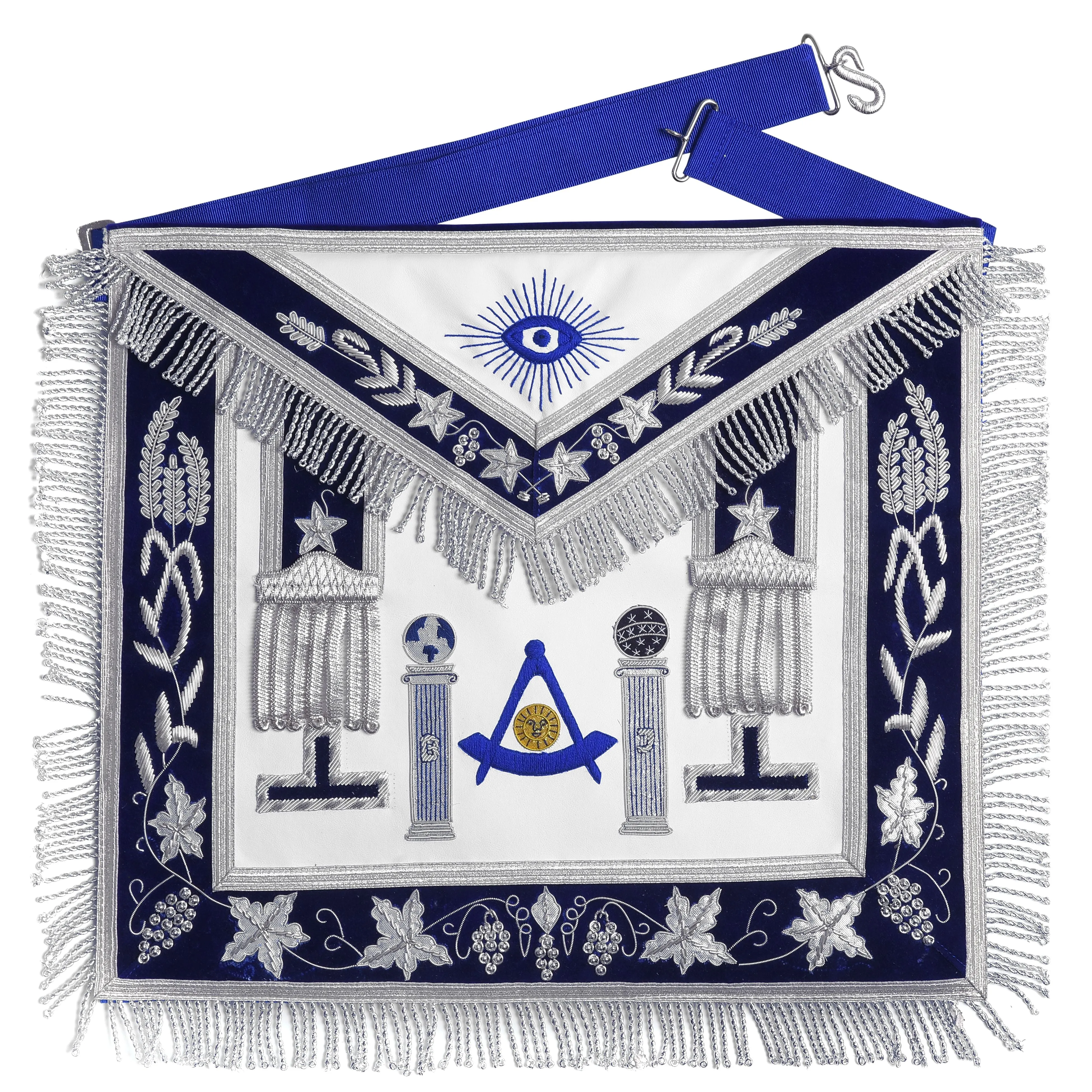 Past Master Blue Lodge California Regulation Apron - Blue & Silver Hand Embroidery Bullion With Pillars