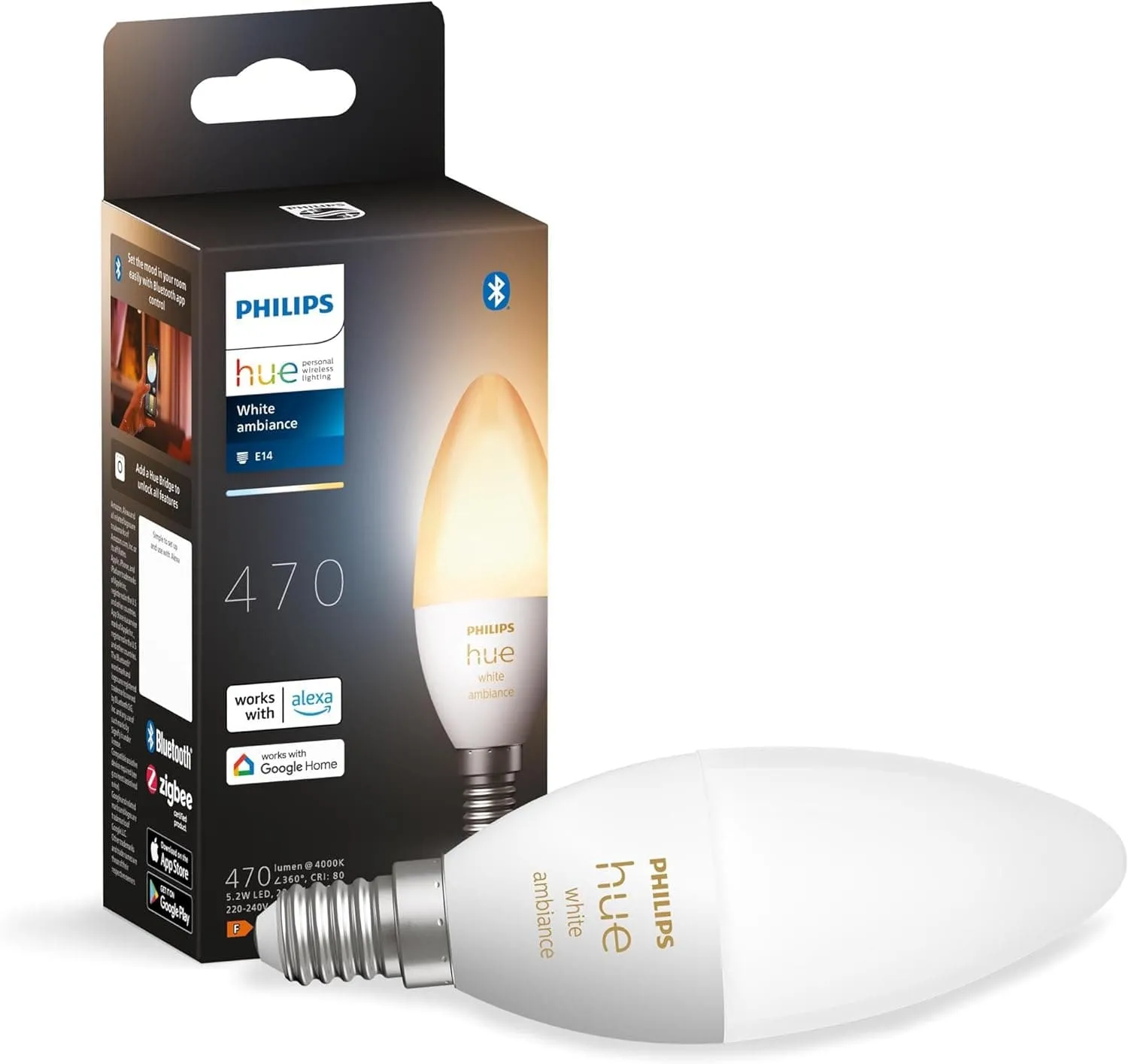 Philips Hue White Ambiance Smart Light Bulb [E14 Small Edison Screw] with Bluetooth. Works with Alexa, Google Assistant and Apple Homekit