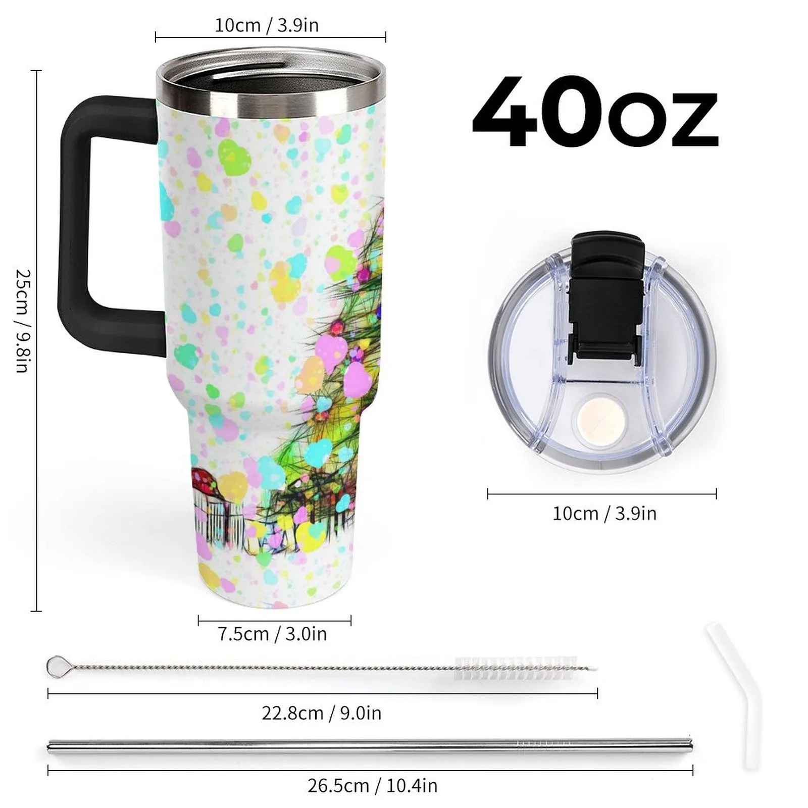 POD Large Capacity Car Cup Color, Merry Christmas, Christmas Tree 40oz Tumbler with Handle