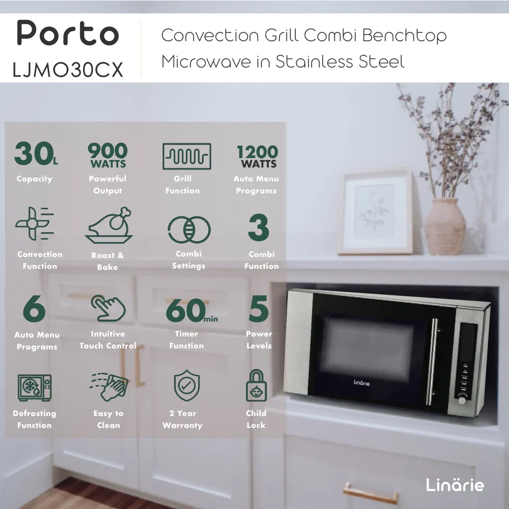 Porto 30L Convection Grill Combi Benchtop Microwave in Stainless Steel LJMO30CX