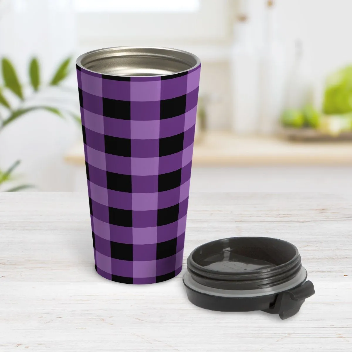 Purple and Black Buffalo Plaid Travel Mug