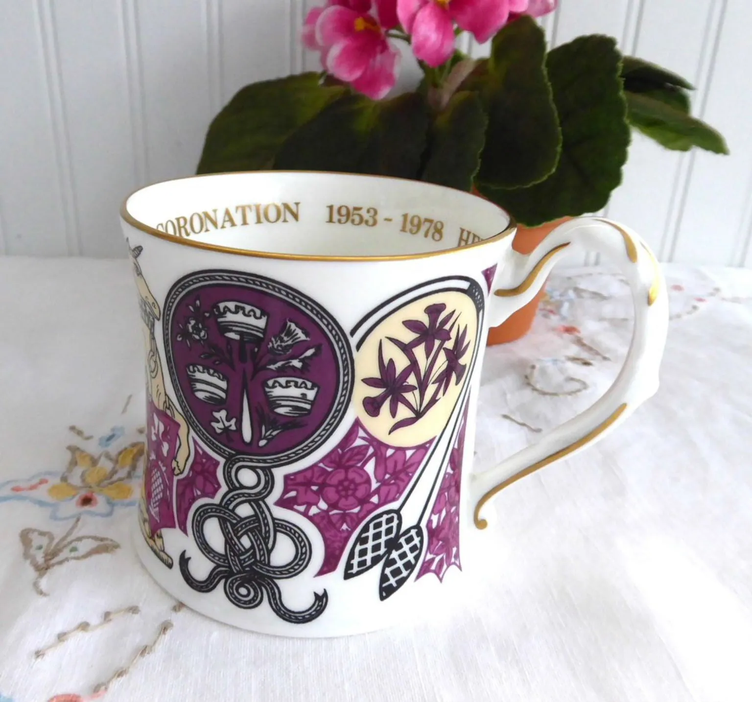 Queen Elizabeth II Silver Jubilee Coalport Mug 1977 Bone China Symbols Purple