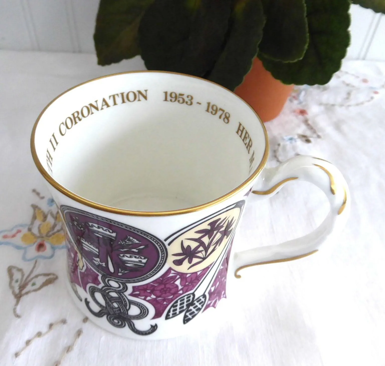 Queen Elizabeth II Silver Jubilee Coalport Mug 1977 Bone China Symbols Purple