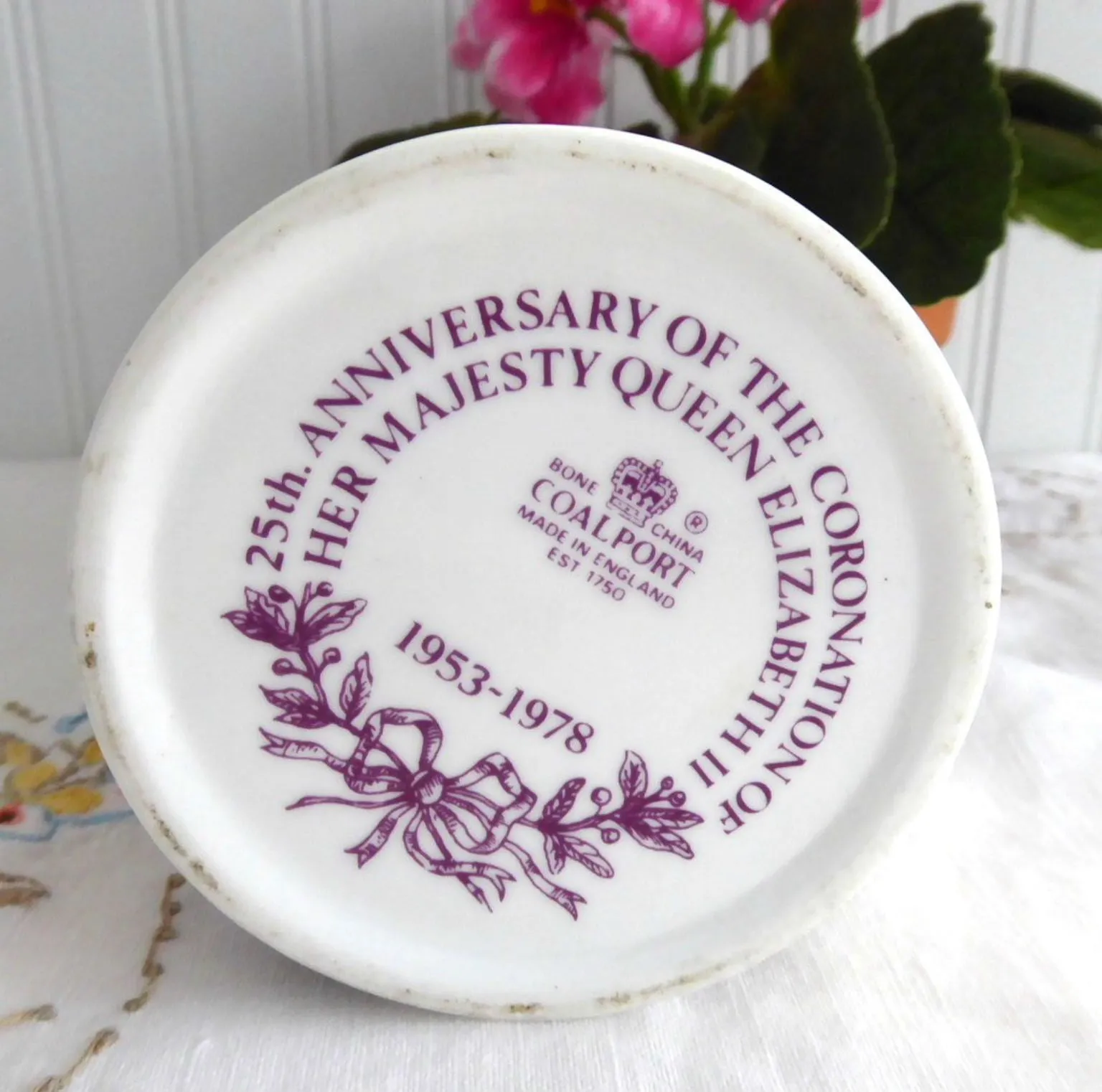 Queen Elizabeth II Silver Jubilee Coalport Mug 1977 Bone China Symbols Purple