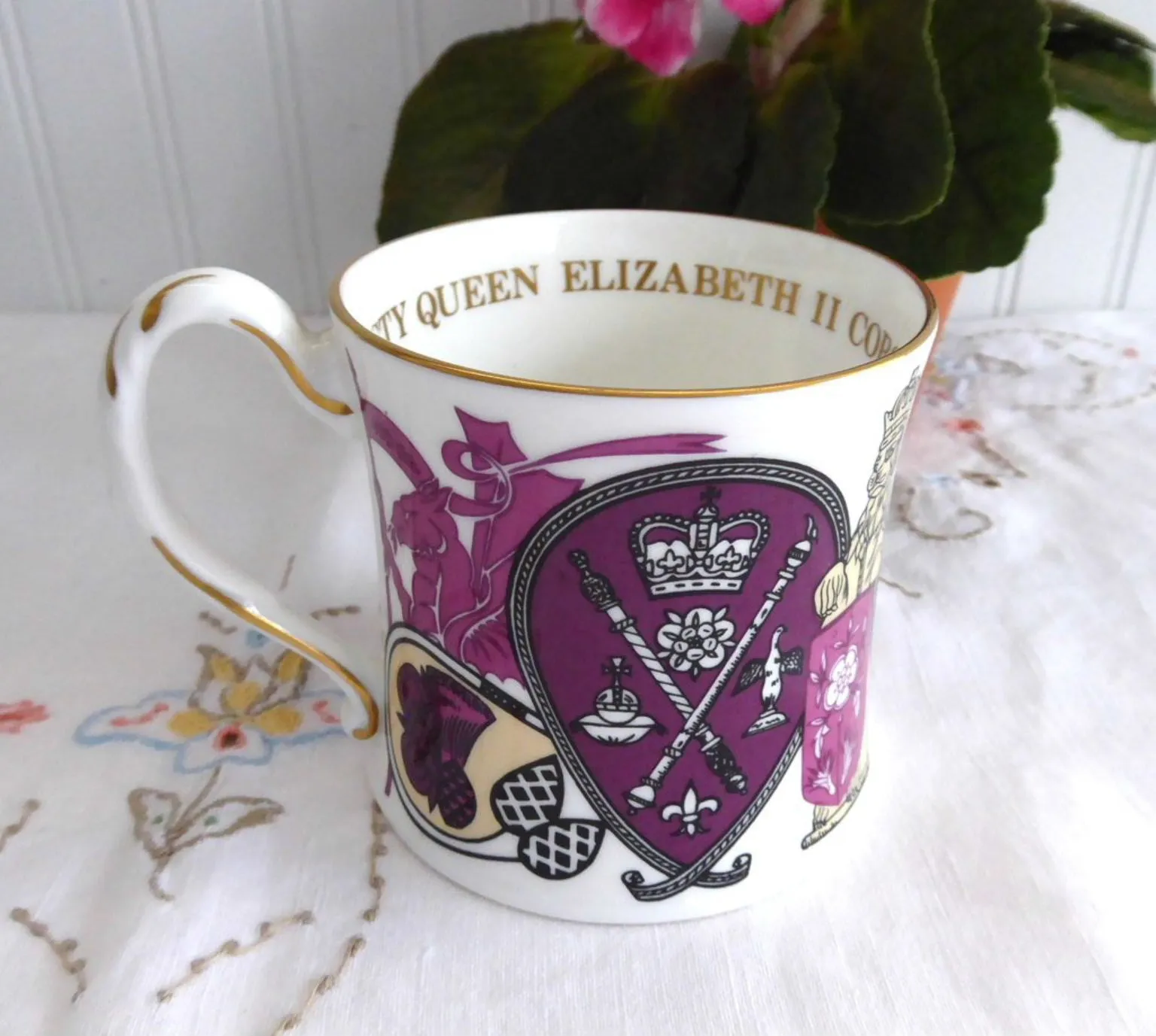 Queen Elizabeth II Silver Jubilee Coalport Mug 1977 Bone China Symbols Purple