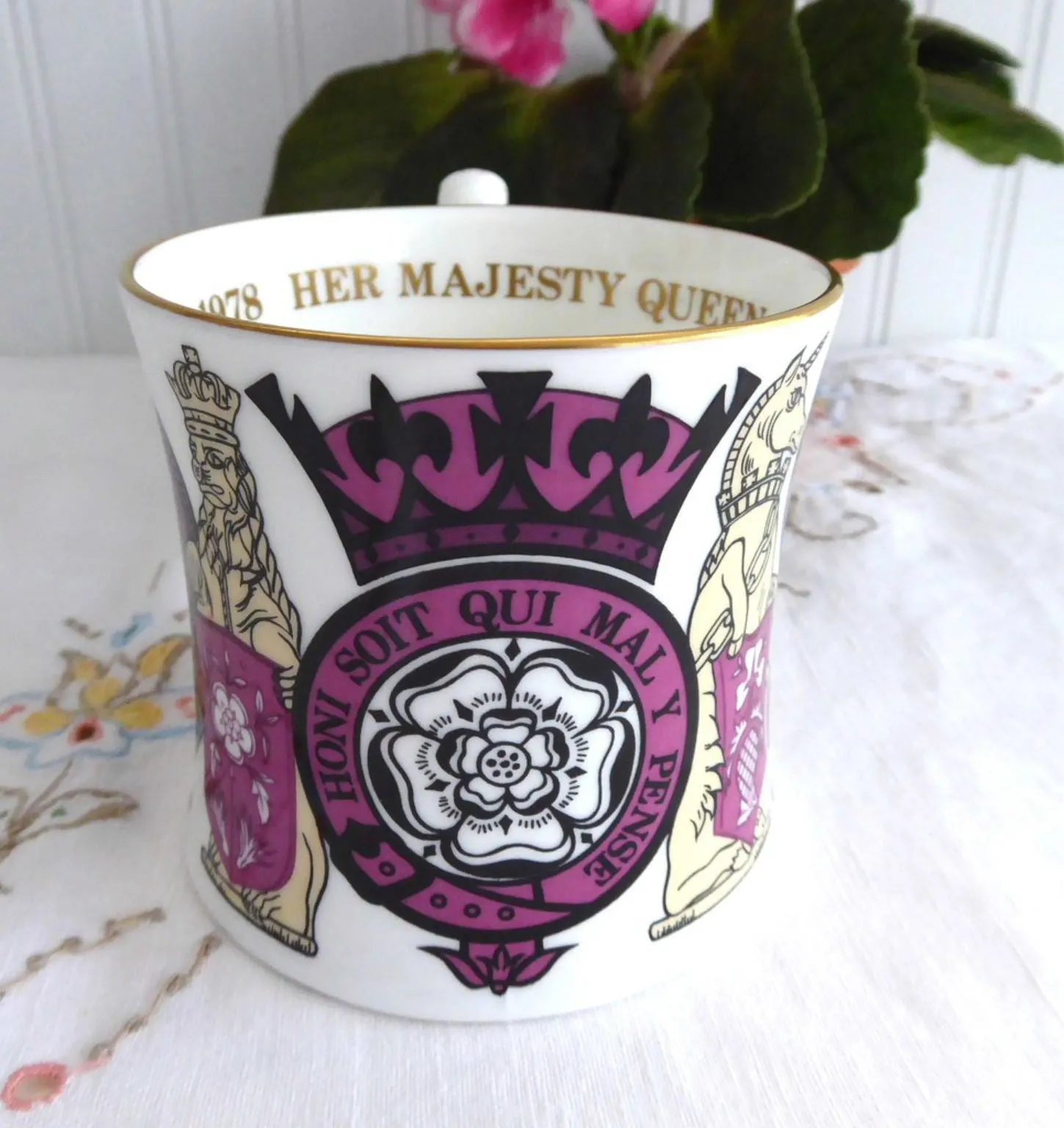 Queen Elizabeth II Silver Jubilee Coalport Mug 1977 Bone China Symbols Purple