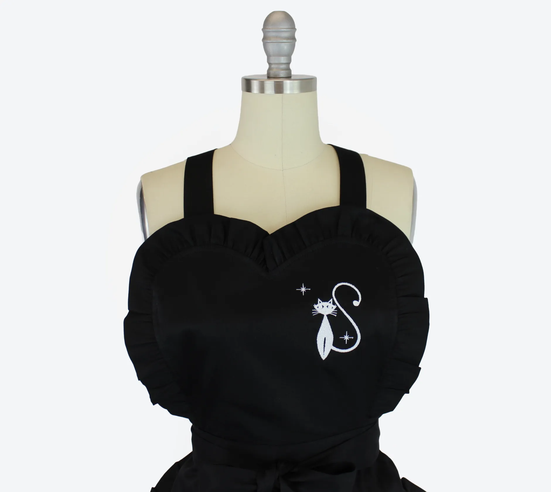 Retro 1950s White Embroidered Cat Black Vintage Inspired Apron