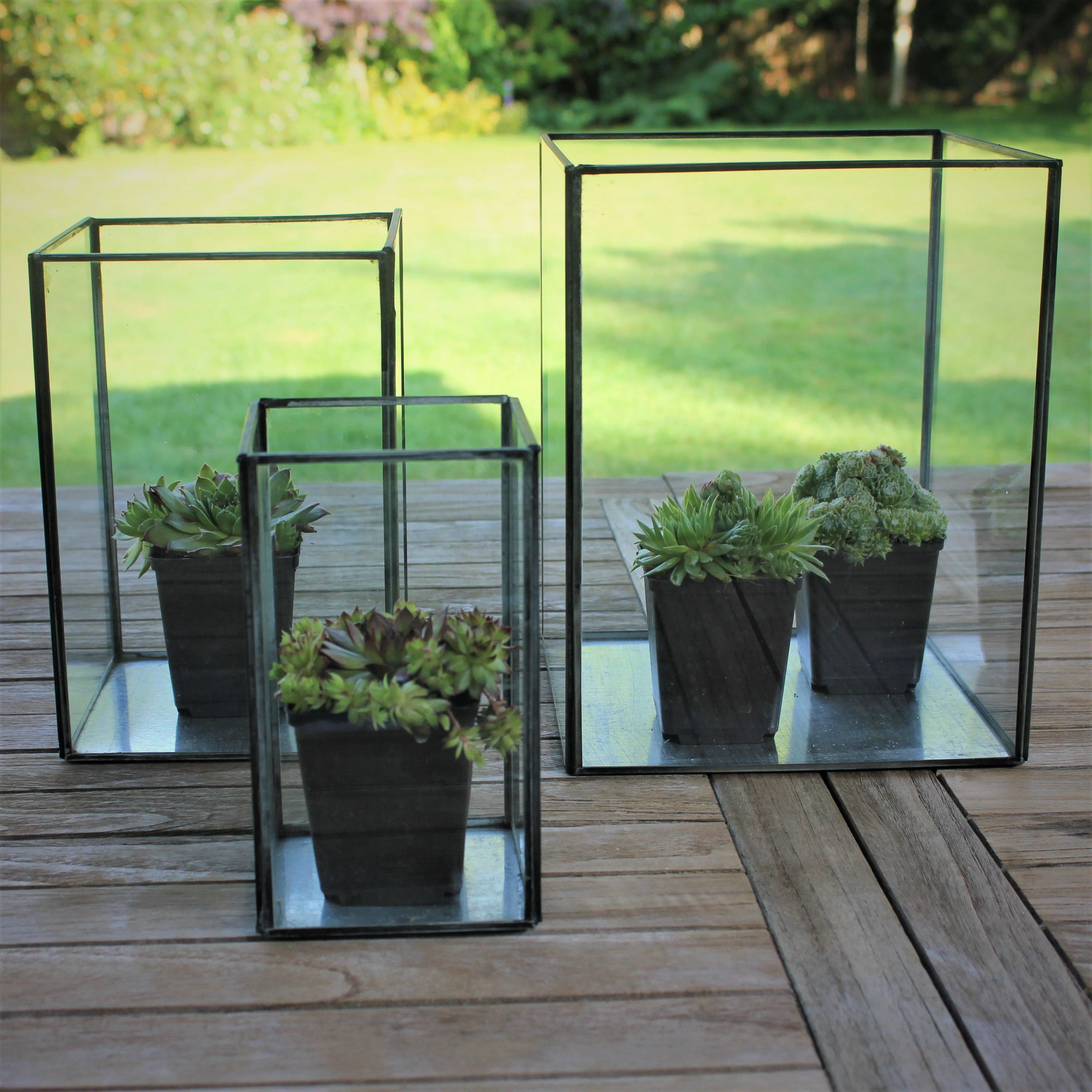 Set of Three Antiqued Metal & Glass Box Lanterns