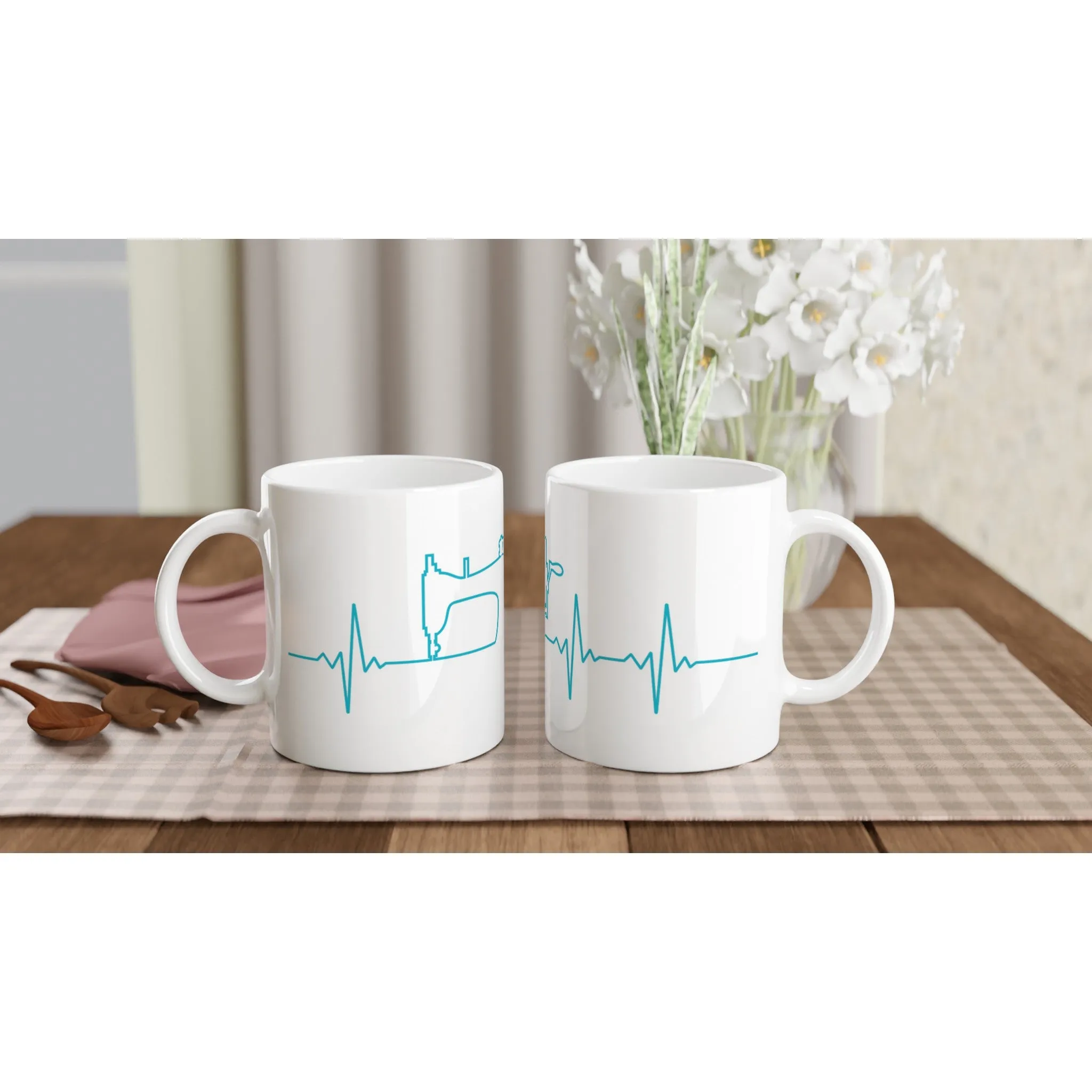 Sewing Machine Heartbeat - Teal - White 11oz Ceramic Mug