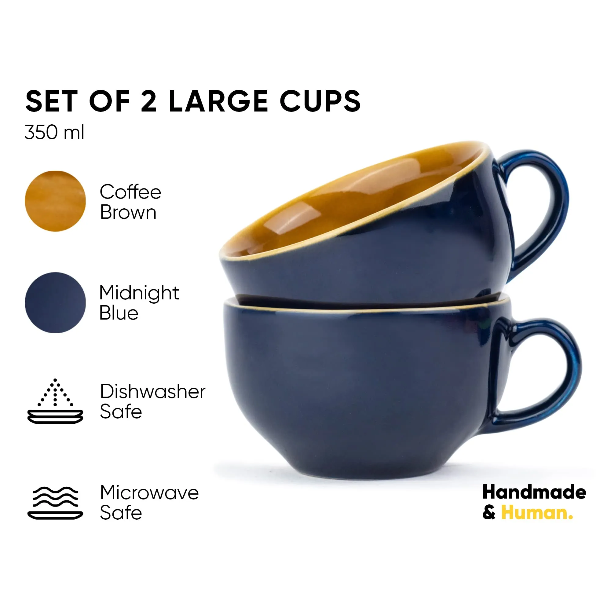 Shay Large Ceramic Coffee Cup Set of 2, Midnight Blue, 350ml | Cappuccino Cup | Glossy Finish | Large Ceramic Coffee Cup | Premium Stoneware Coffee Cup | Microwave Safe (XL Cuppa - Midnight Blue)