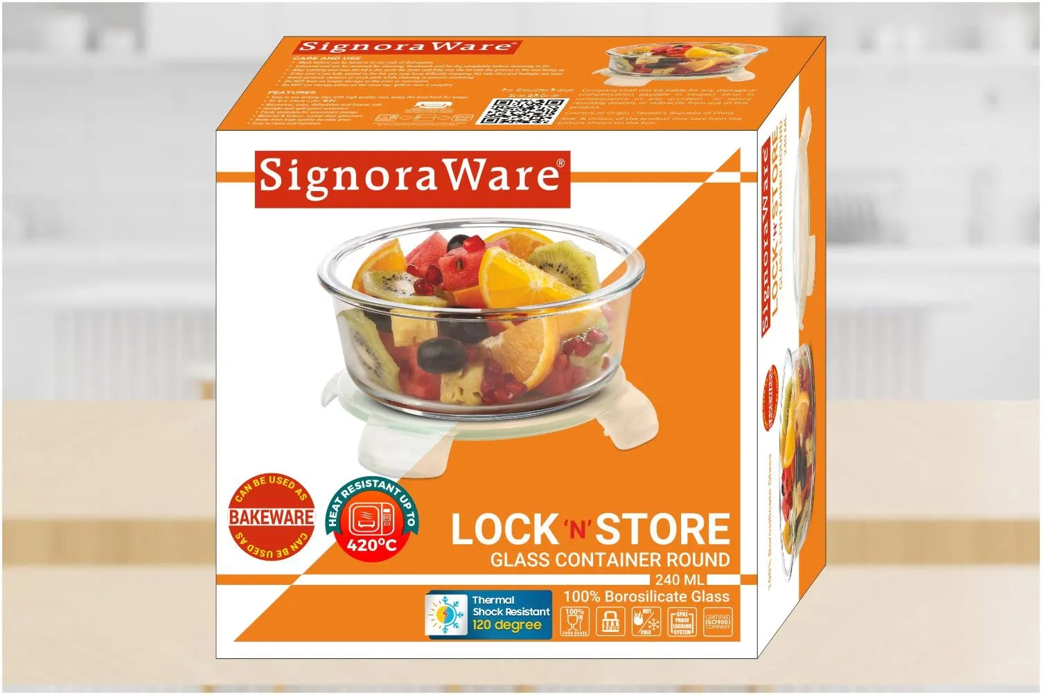 SignoraWare Lock 'N' Store Round High Microwave Oven Borosilicate Safe Glass Container with Air Tight Lid | Multipurpose Jar Box (240ml, Transparent, Food Grade)