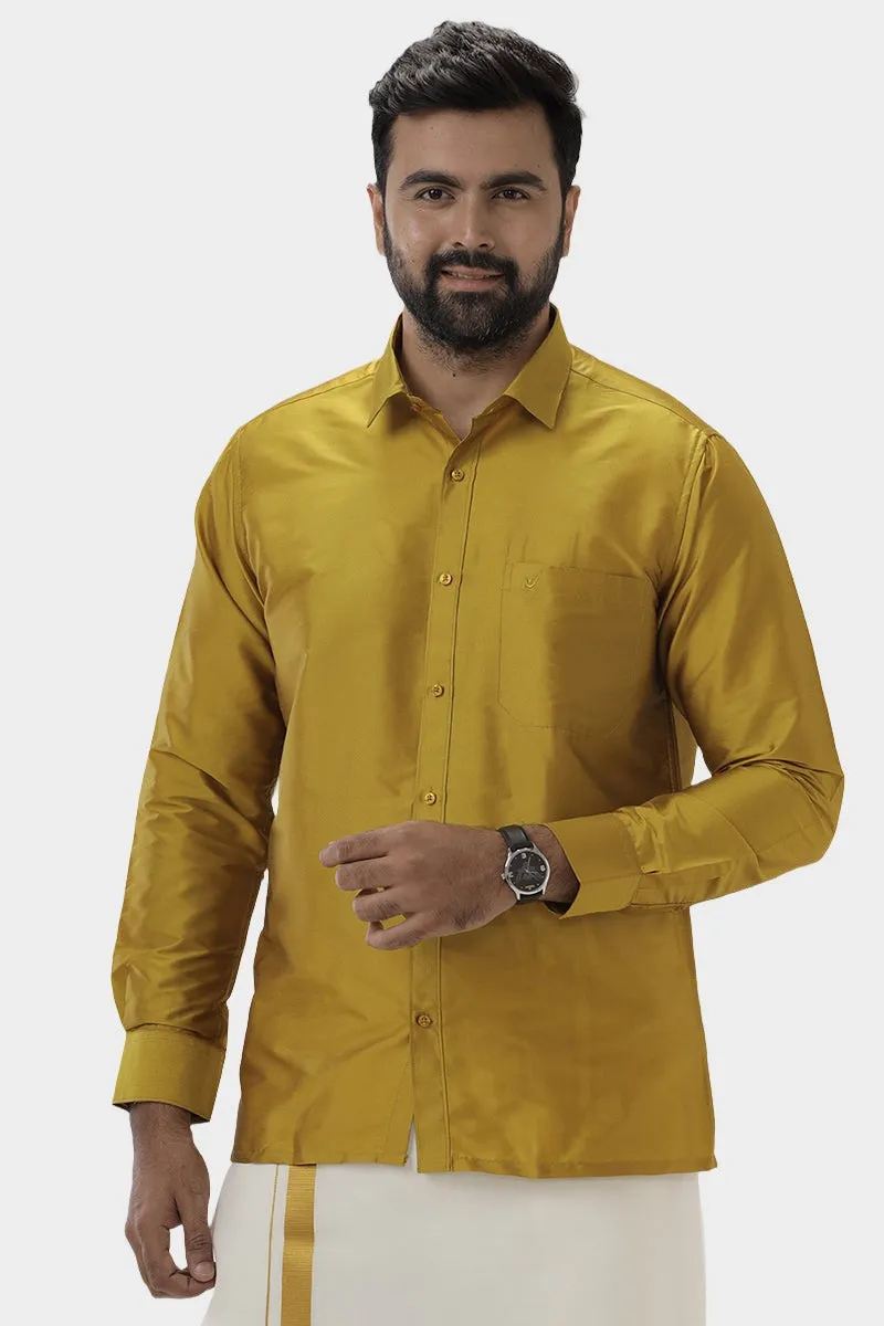 Silk Feel - Mustard Yellow Silk Shirts For Mens | Uathayam