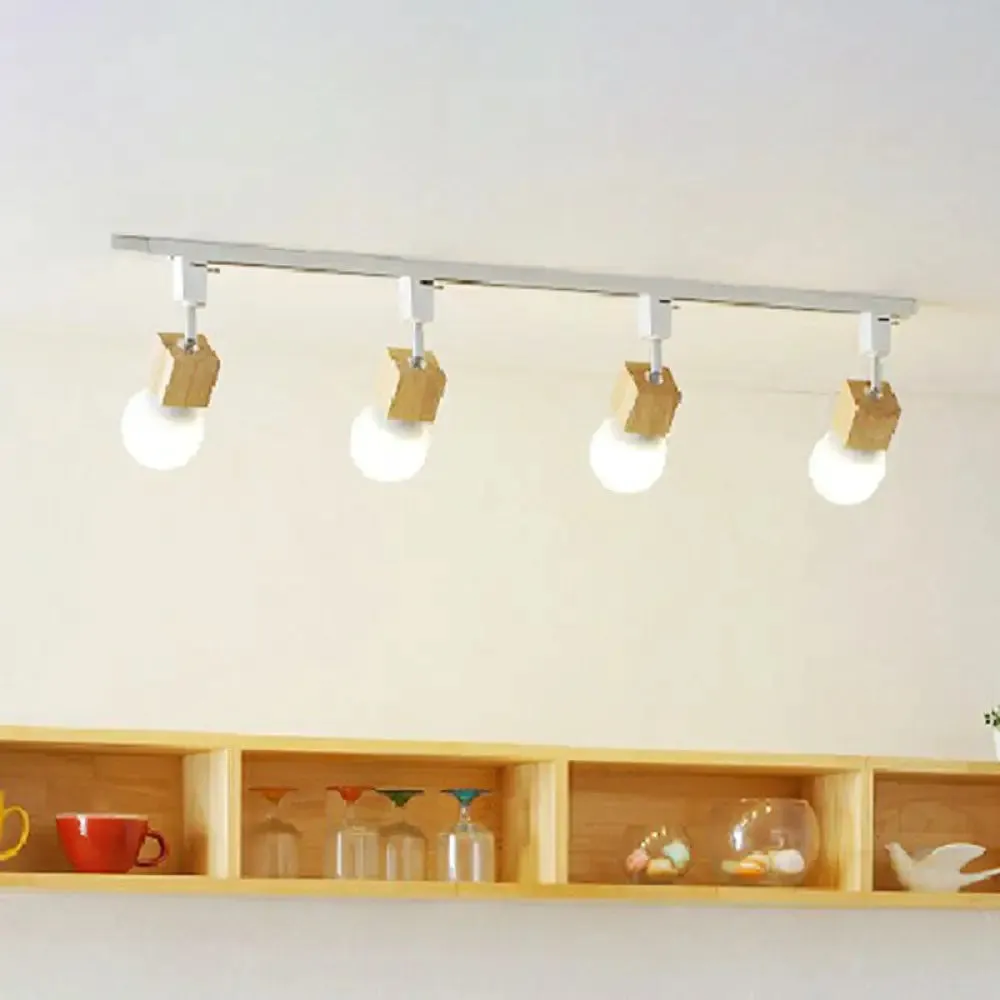 Simplicity Wooden 4-Light Exposed Bulb Track Ceiling Light in White - Ideal for Dining Room