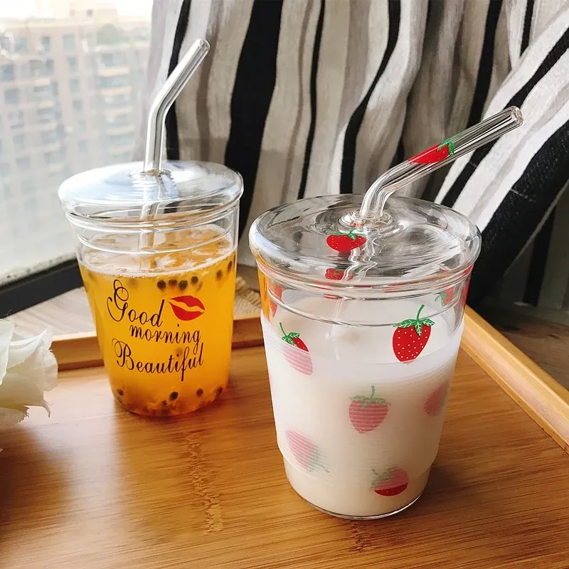 Strawberry Glass Water Cup With Straw AD11328