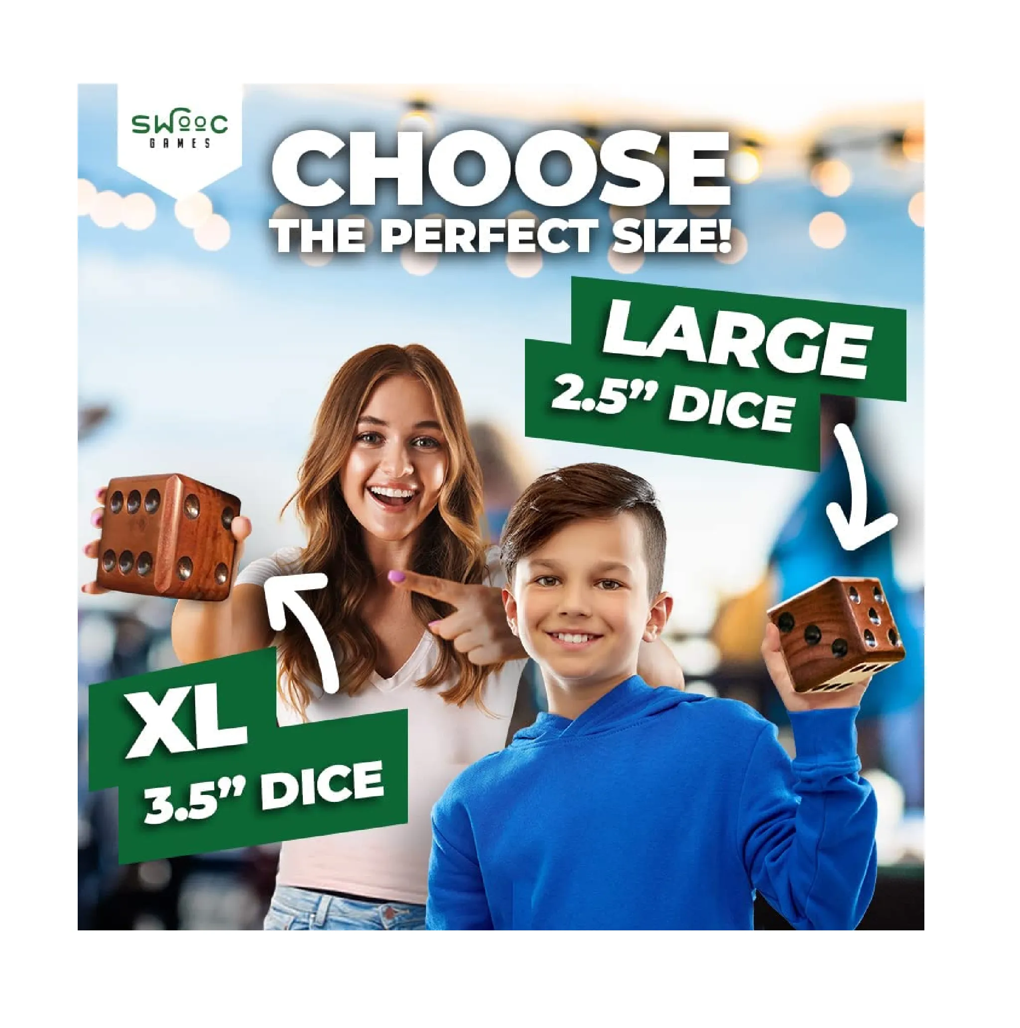 SWOOC Games  Yardzee Farkle & 20  Games Light-Weight Yard Dice Game Set All Weather with Wood Bucket 5 Big Laminated Score Cards