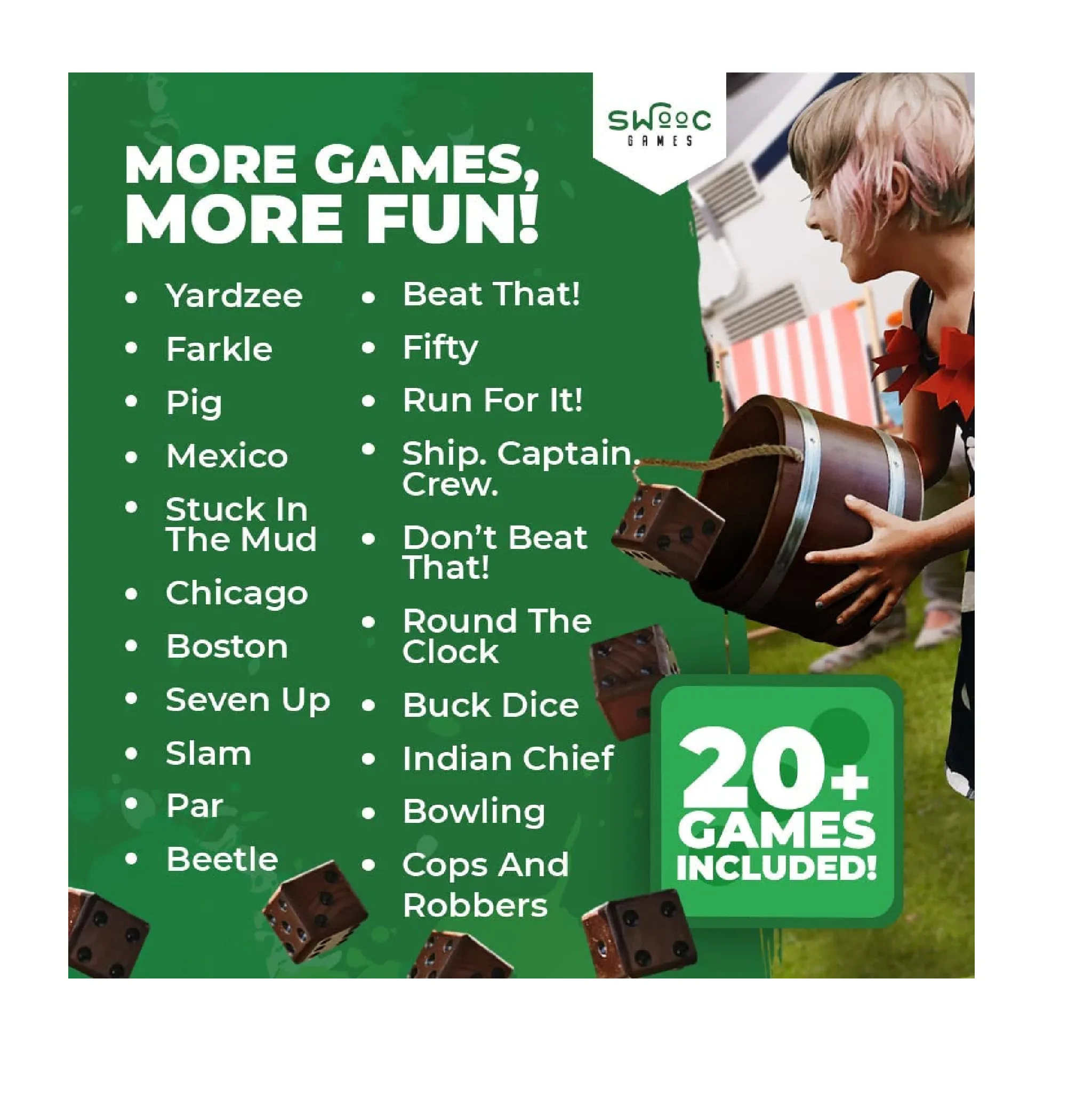 SWOOC Games  Yardzee Farkle & 20  Games Light-Weight Yard Dice Game Set All Weather with Wood Bucket 5 Big Laminated Score Cards