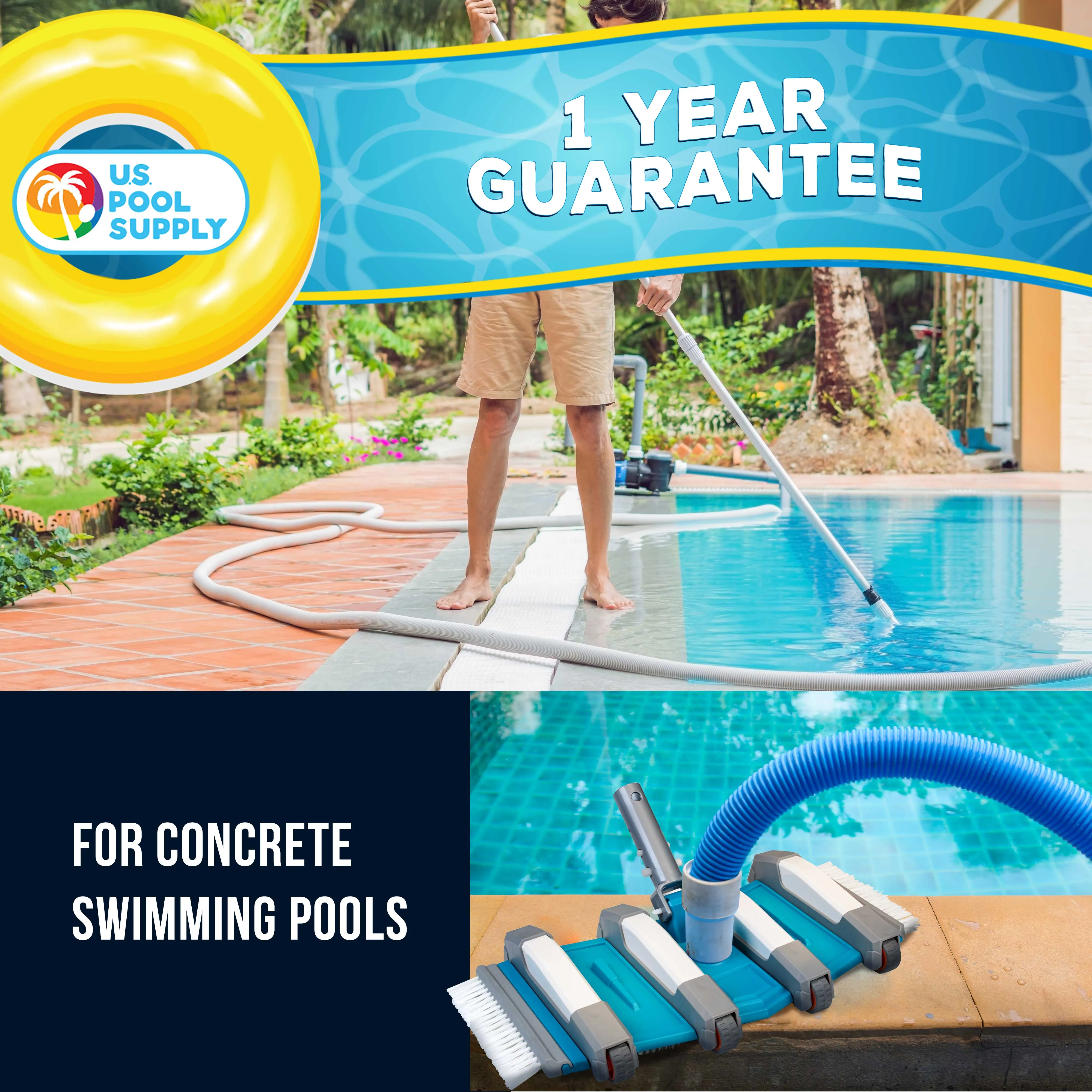 U.S. Pool Supply 17.5" Heavy Duty Weighted Flexible Concrete Swimming Pool Vacuum Head with Side Brushes and EZ Clip Handle - Cleaning, Debris Removal