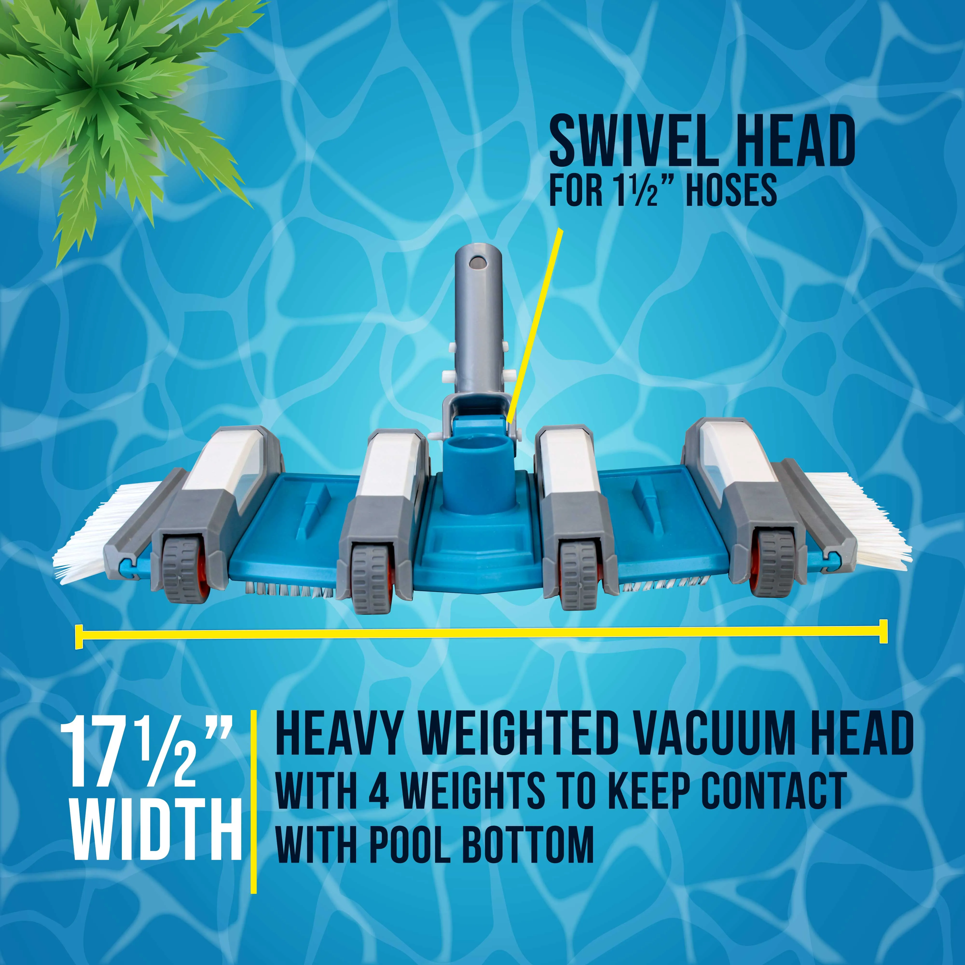 U.S. Pool Supply 17.5" Heavy Duty Weighted Flexible Concrete Swimming Pool Vacuum Head with Side Brushes and EZ Clip Handle - Cleaning, Debris Removal