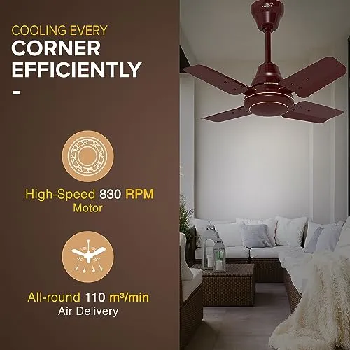 V-Guard Windle Pro High Speed Modern Ceiling Fan For Home | 100% Copper 830 RPM Motor | Powder-Coated Gloss Finish | 4 Blade Ceiling Fan | Cherry Brown | 60 cm