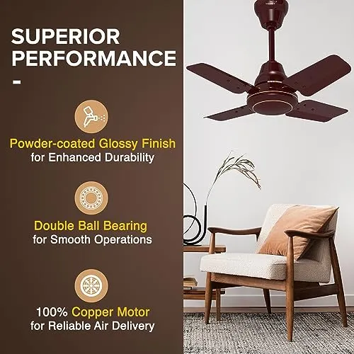 V-Guard Windle Pro High Speed Modern Ceiling Fan For Home | 100% Copper 830 RPM Motor | Powder-Coated Gloss Finish | 4 Blade Ceiling Fan | Cherry Brown | 60 cm