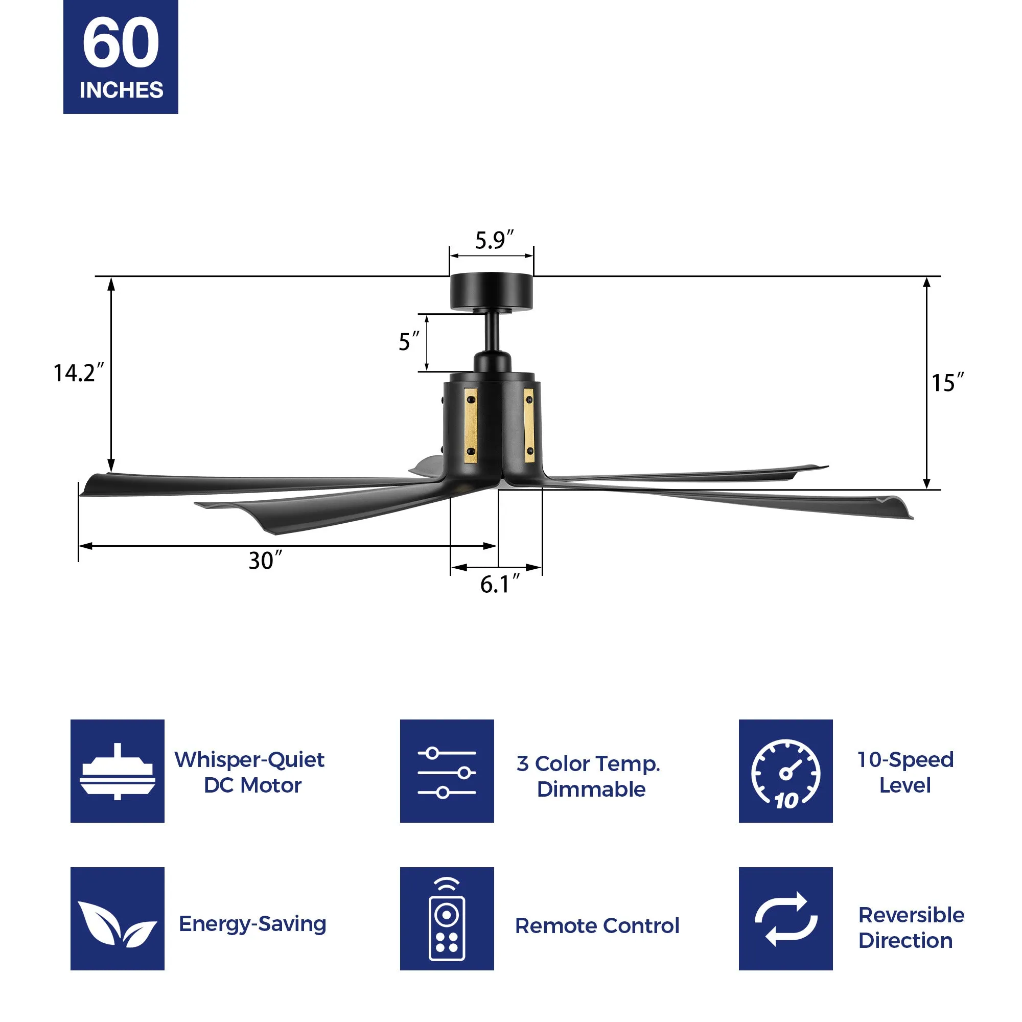 Zahar Modern Industrial Ceiling Fan with LED Light and Remote 60 inch